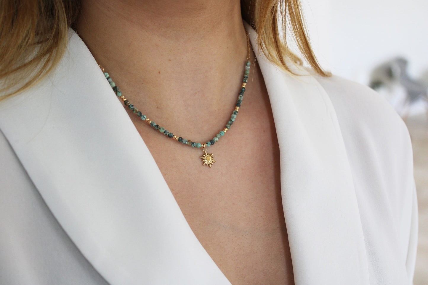 Clara | Sun necklace in stainless steel and natural stone